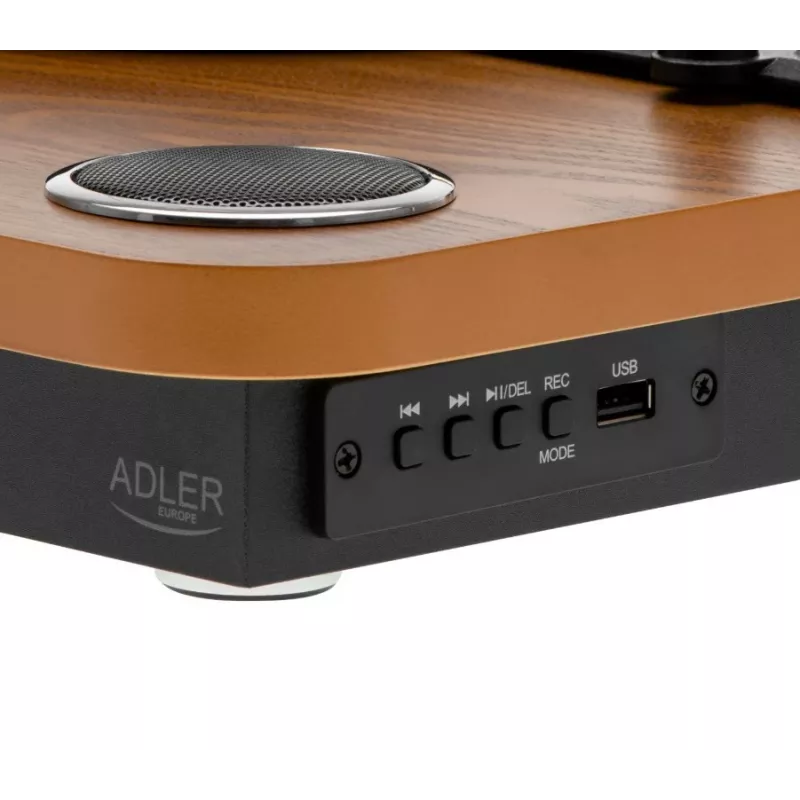 Gramofon analogowy z napędem paskowym Adler AD 1914 z portem USB, talerzem ceramicznym, silnikiem prądu stałego, prędkością 33 1/3 obr./min, Bluetooth 5.4, wyjściami RCA, wbudowanymi głośnikami