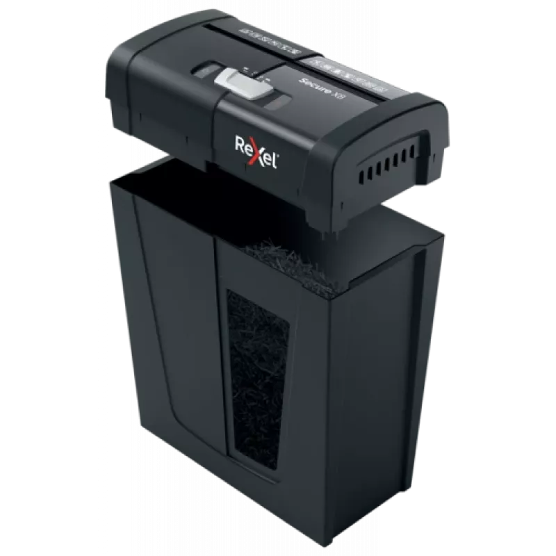 Niszczarka papieru REXEL Secure X8 — cięcie krzyżowe P-4, 4x40 mm, pojemność 8 arkuszy, kosz 14 l, czarna
