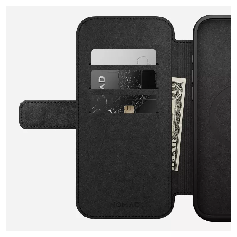 Etui folio Nomad NM01675785 do telefonów Apple, pasuje do 17,5 cm (6,9 cala), czarne, 3 kieszenie na karty, podstawka biurkowa