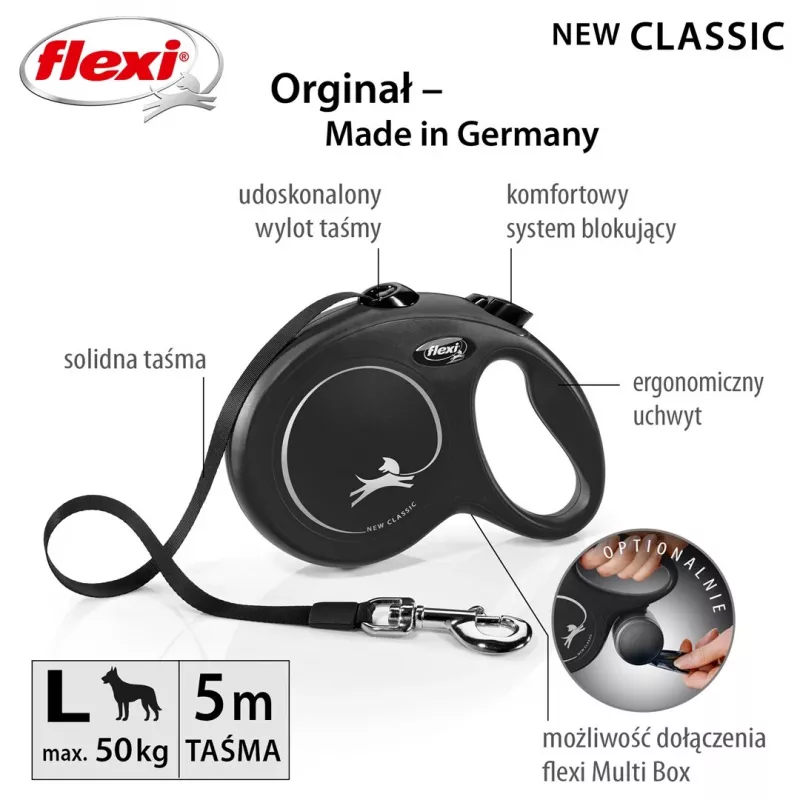 Smycz automatyczna Flexi New Classic L 5 m Czarna – linka, dla dużych ras (25–45 kg), maks. obciążenie 50 kg