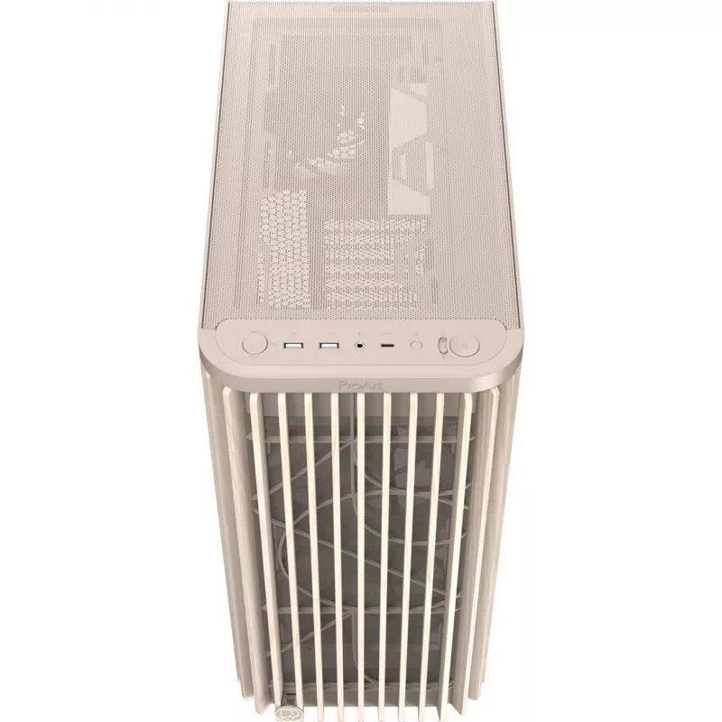 Obudowa PC ASUS PROART PA401 WOOD TG PWM BEŻOWA — ATX, 503×225×412 mm, 2×3,5 cala/2×2,5 cala, GPU do 315 mm