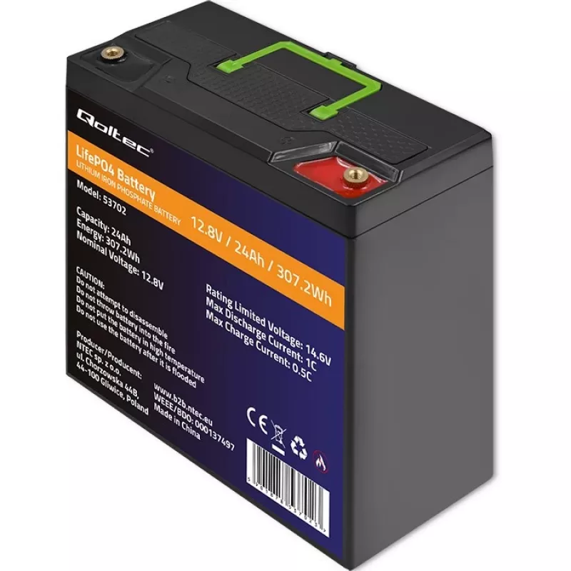 Qoltec 53702 Akumulator litowo-żelazowo-fosforanowy LiFePO4 | 12,8V | 24Ah | 307,2Wh | BMS