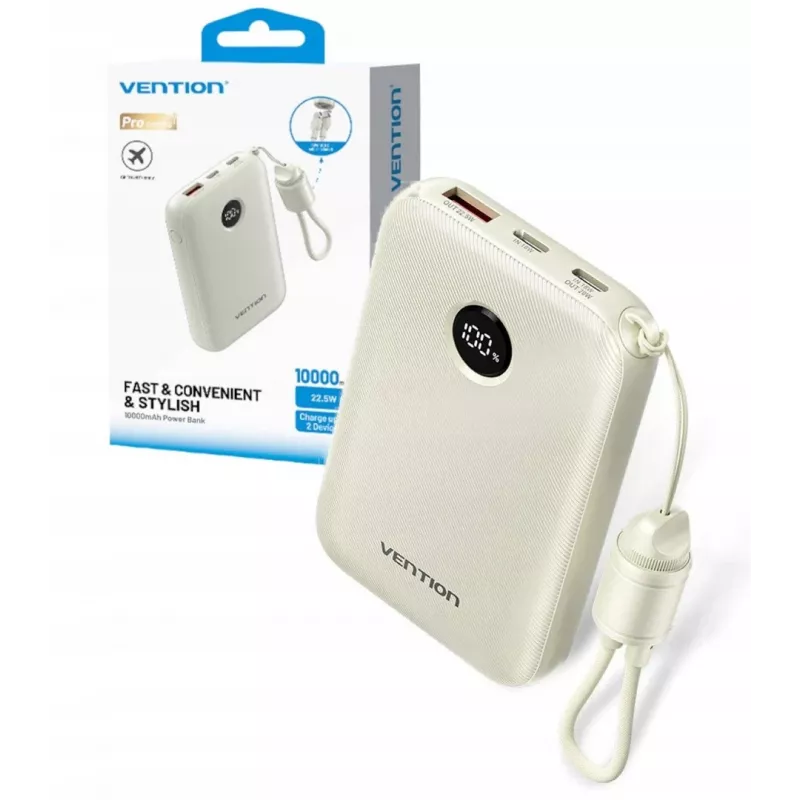 Power bank Vention FKAN0-C 10000 mAh — 2× USB-C, 1× USB-A, 22,5 W, Beżowy