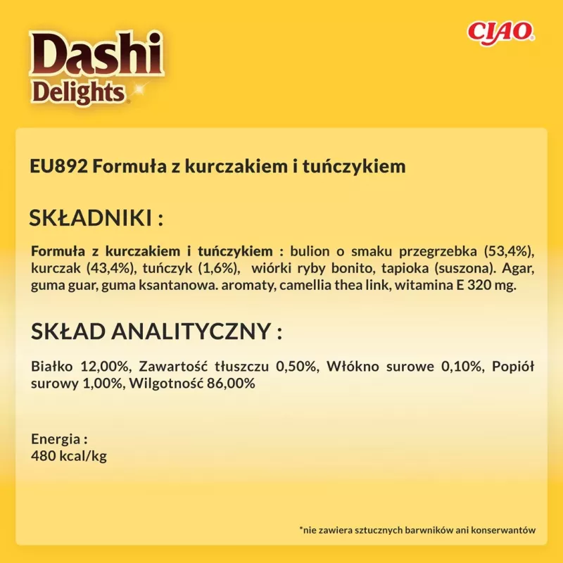 Mokre przysmaki dla kota INABA Dashi Delights Delikatne Płatki z Kurczakiem i Tuńczykiem 40 g saszetka
