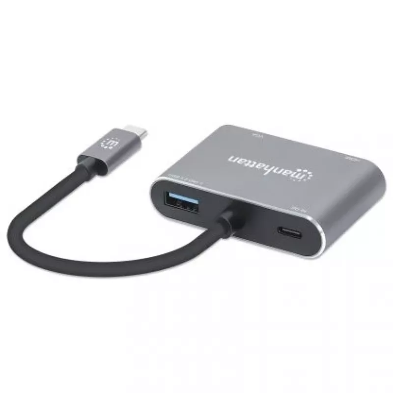 Manhattan Stacja dokująca / hub USB-C, porty (x4): HDMI, USB-A, USB-C i VGA, z Power Delivery (PD) 87 W - wymaga zewnętrznej ładowarki USB-C (nie dołączono). Zasilanie przez USB (nie wymaga zewnętrznego zasilacza), gdy PD nie jest używane, aluminium