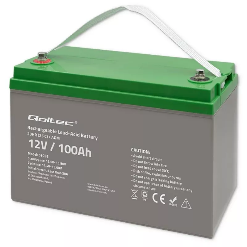 Qoltec 53038 Akumulator AGM | 12V | 100Ah | max 1200A