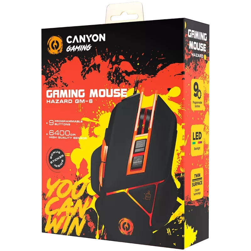 Mysz CANYON Hazard GM-6 LED przewodowa czarno-pomarańczowa
