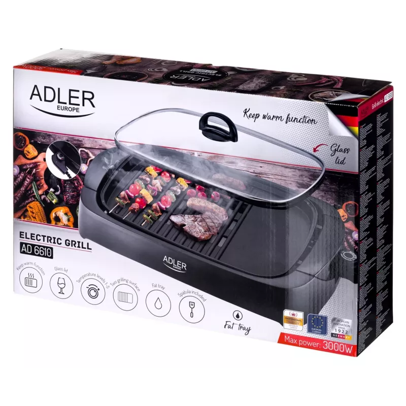 Elektryczny grill stołowy Adler AD 6610, 3000 W, czarny, prostokątny podwójny ruszt+blat grillowy