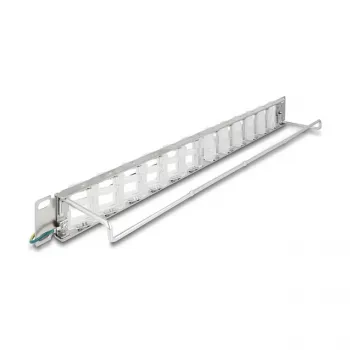 Patch panel 19 cali DELOCK 24-port keystone, porty uchylne, odciążenie, 1U metalowy