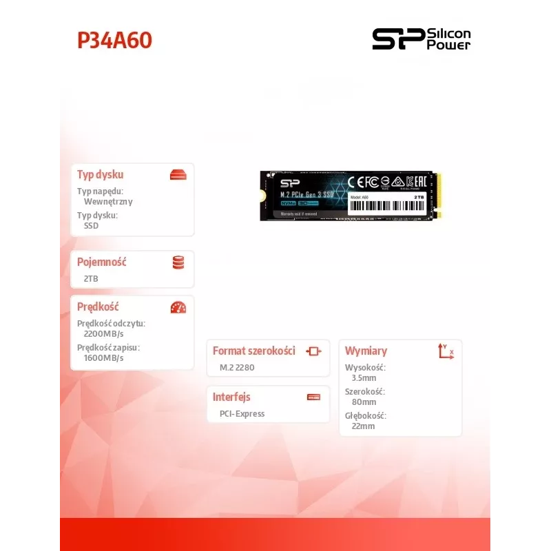 SSD M.2 NVMe Silicon Power P34A60 2 TB, PCIe 3.0 x4, odczyt 2200 MB/s, zapis 1600 MB/s