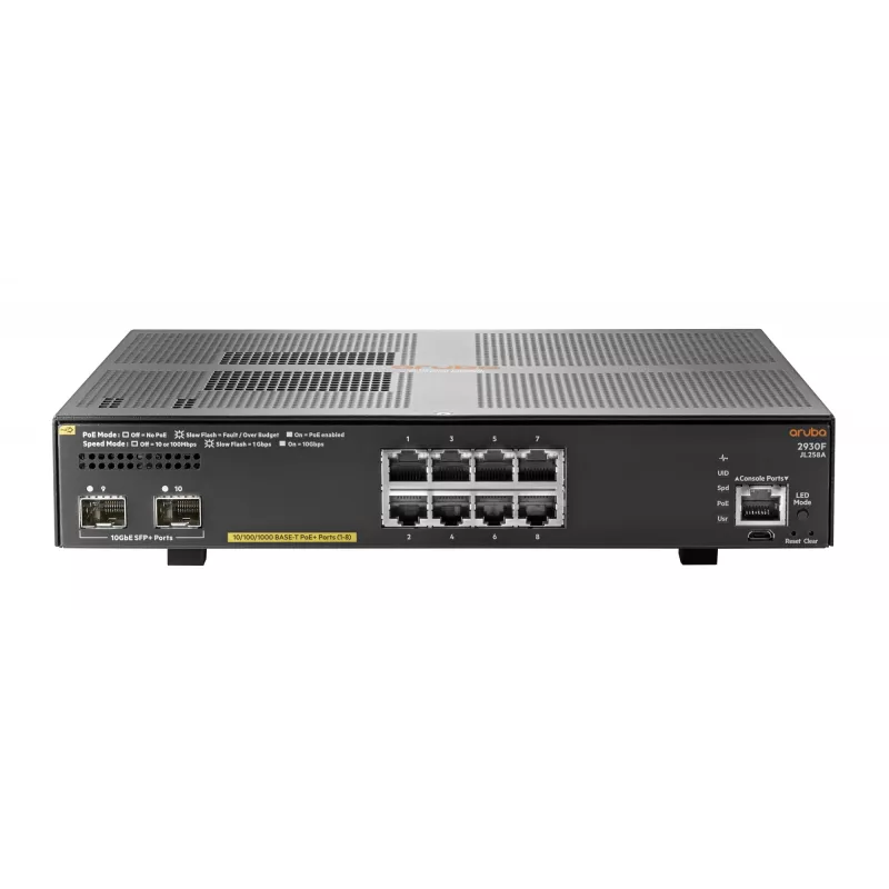 Hewlett Packard Enterprise HPE Aruba 2930F 8G PoE+ 2SFP+ - Switch - L3 - zarządzany - 8 x 10/100/1000 (PoE+) + 2 x 1 Gigabit/10 Gigabit SFP+ (Uplink) - montaż w szafie - PoE+ (125