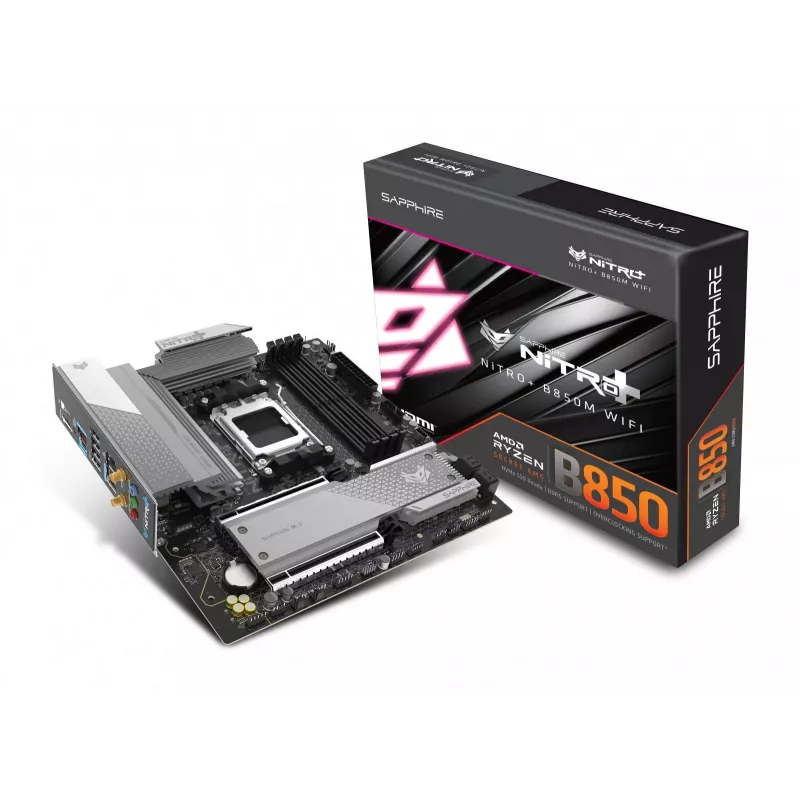 Płyta główna Sapphire NITRO+ B850M WIFI — AMD B850, Socket AM5, micro ATX, DDR5, 4x DIMM, Wi‑Fi 6, 2.5Gb LAN, 2x M.2