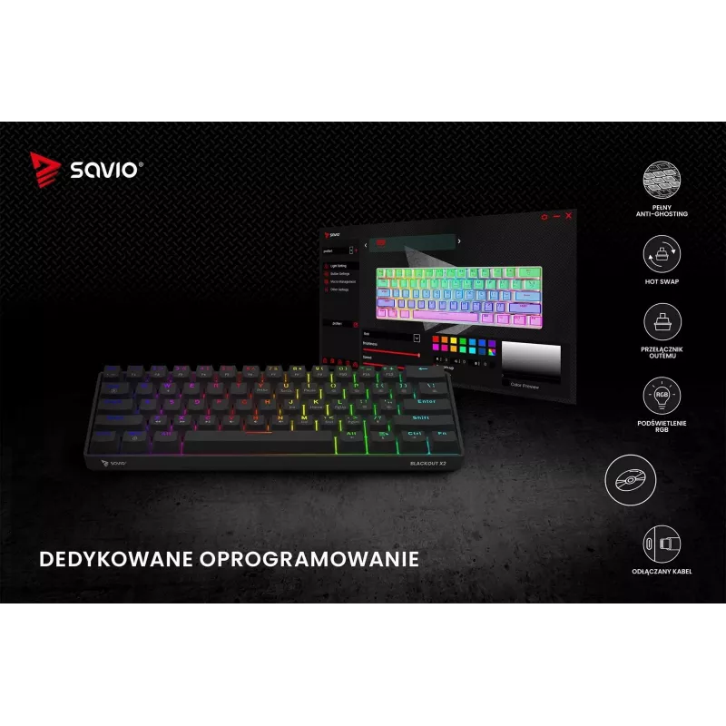 Mechaniczna klawiatura gamingowa SAVIO CzarnyOUT X2 PEACH — 61 klawiszy 60% QWERTY, RGB LED, hot-swap, USB Typ-A/Typ-C, odłączany kabel