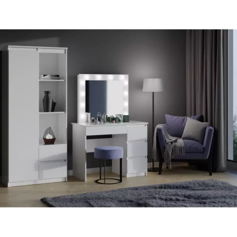 Zestaw toaletki MIJAS, prawostronny, top e shop — biurko 98×76×51 cm, 4 szuflady, lustro LED, biały, wysokość 1460 mm