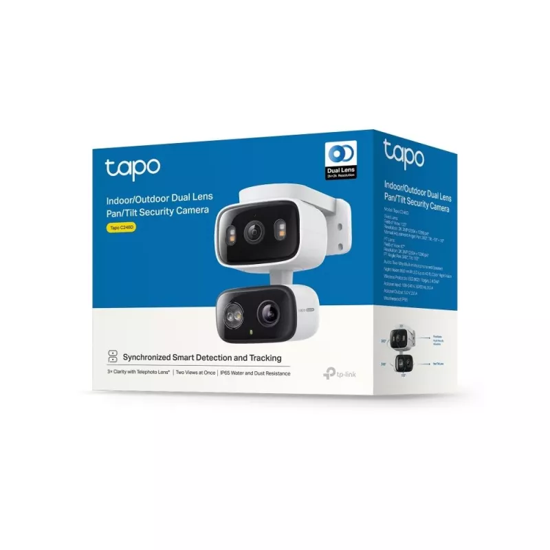 Kamera IP TP‑LINK Tapo C246D — 3 MP (2304×1296), 2,8 mm, pole widzenia 107,8°, obiektyw PTZ dual-lens, IP65, Wi‑Fi/Gigabit, microSD do 512 GB