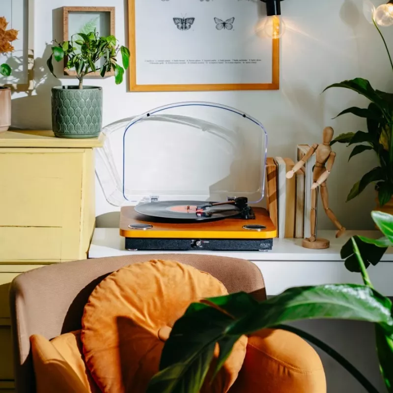Gramofon analogowy z napędem paskowym Adler AD 1914 z portem USB, talerzem ceramicznym, silnikiem prądu stałego, prędkością 33 1/3 obr./min, Bluetooth 5.4, wyjściami RCA, wbudowanymi głośnikami