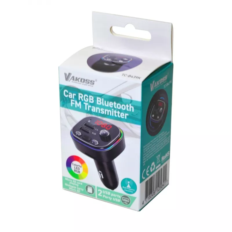 Nadajnik FM VAKOSS TC-B439K Bluetooth USB, 87.5–108 MHz, odtwarzanie z microSD/USB, wyjście 5V/3.1A, wyświetlacz RGB