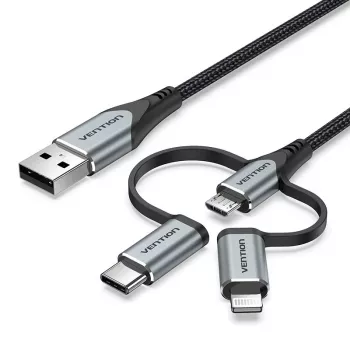 Kabel Vention USB 2.0 A męski do 3-w-1 Micro-B&USB-C&Lightning męski 1M szary stop aluminium typ