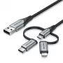 Kabel Vention USB 2.0 A męski do 3-w-1 Micro-B&USB-C&Lightning męski 1M szary stop aluminium typ