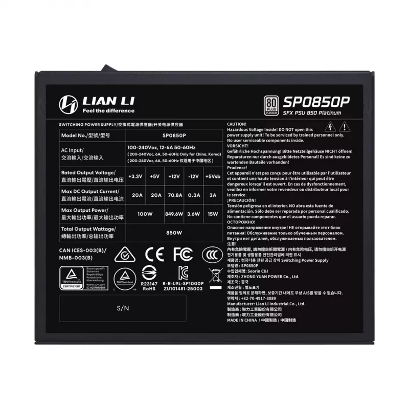 Zasilacz Lian Li SP Series Platinum SFX 850W w pełni modułowy PCIe 5.1 ATX 3.1 (G9P.SP0850P.B000.EU)