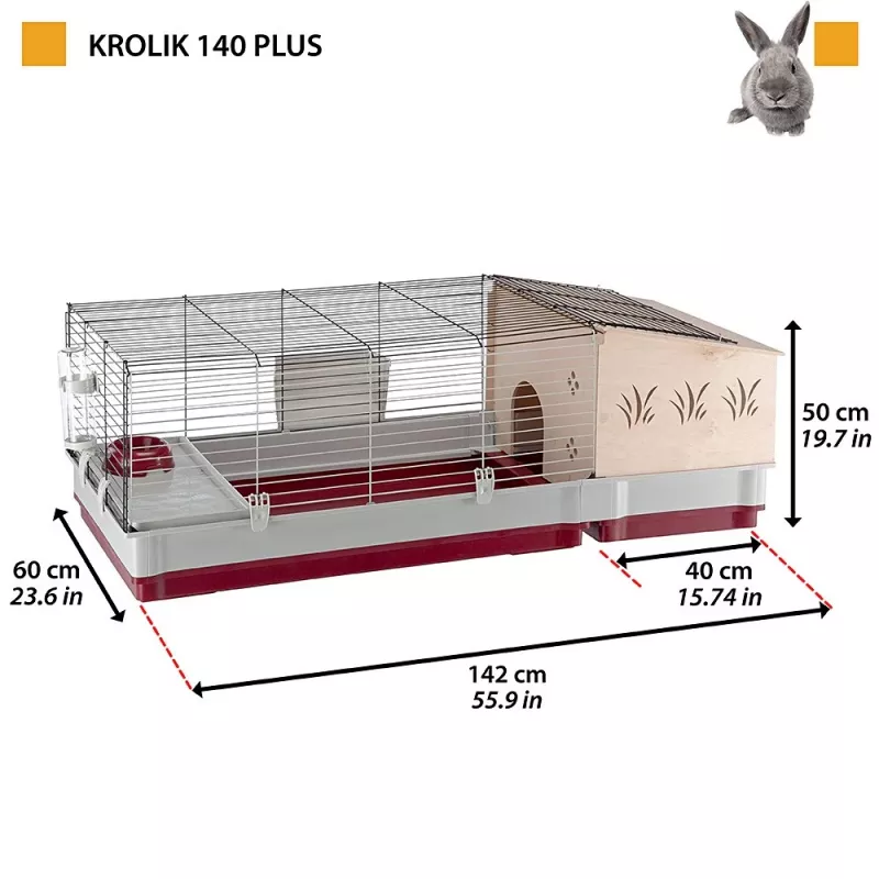Klatka Ferplast Krolik 140 Plus dla królika, szaro-czerwona, szer. 1420 × gł. 600 × wys. 500 mm, metal/tworzywo sztuczne