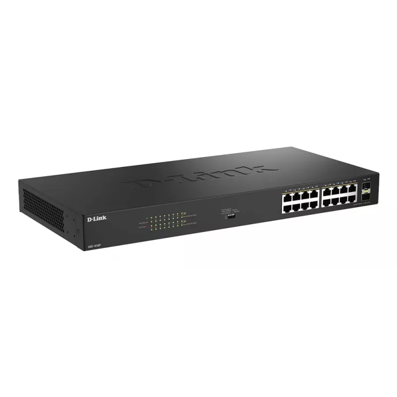 D-Link 18-Portowy Gigabitowy Niezarządzalny Przełącznik PoE DGS-1018P/E — 16 x Gigabit RJ-45, PoE (IEEE 802.3af/at), przepustowość 36 Gbit/s