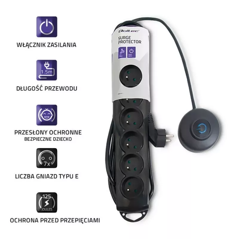 Listwa przeciwprzepięciowa Qoltec 50171 Czarna 7 gniazd AC 230V 1,5m