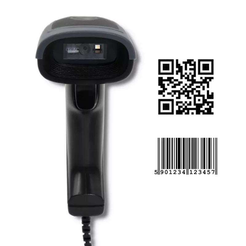 Ręczny czytnik kodów kreskowych QOLTEC 50863 — skaner 1D/2D, przewodowy USB, sensor LED, czarny, 5V, kabel 1,8 m