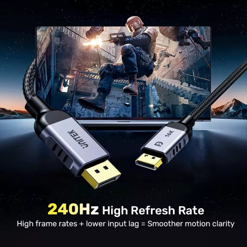 Kabel DisplayPort Unitek C1626GY01-1.5M — 1,5 m, DisplayPort 2.1, męski na męski, 360 Hz, 15360×8640, szary