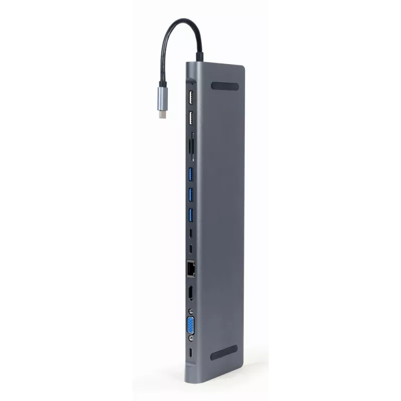 Gembird A-CM-COMBO9-01 USB Type-C 9-w-1 adapter wieloportowy (hub USB + HDMI + VGA + PD + czytnik kart + LAN + audio 3,5 mm), kolor szary