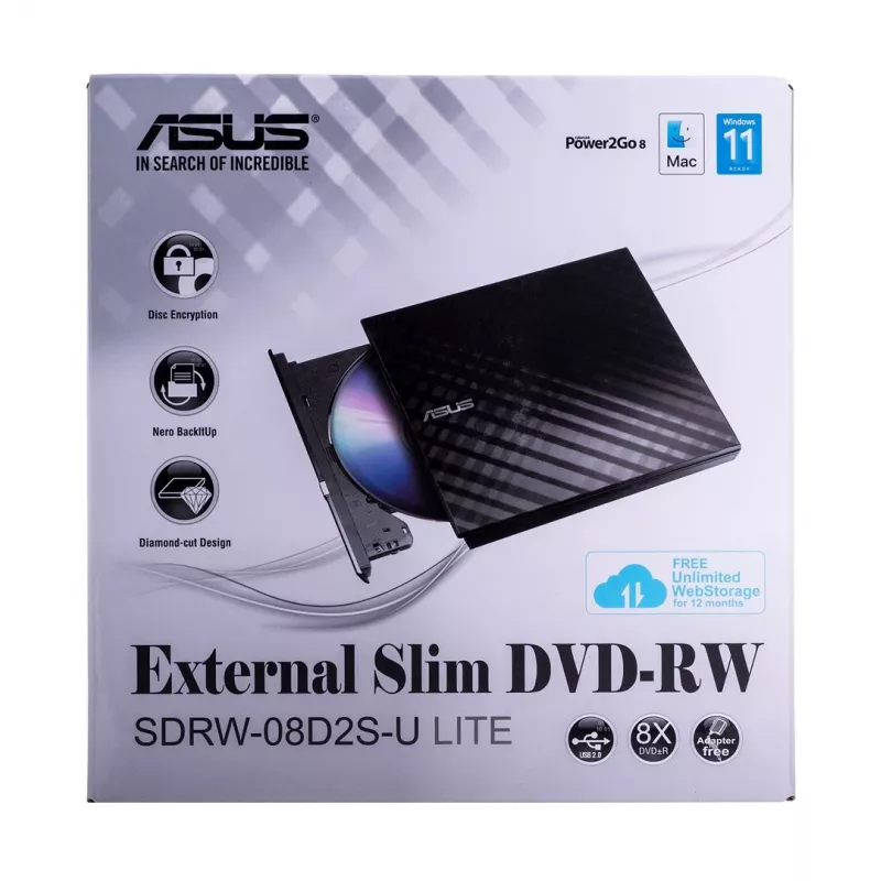 Zewnętrzny napęd optyczny DVD±RW ASUS SDRW-08D2S-U Lite, USB 2.0, czarny, 24x CD / 8x DVD, 142×142×20 mm