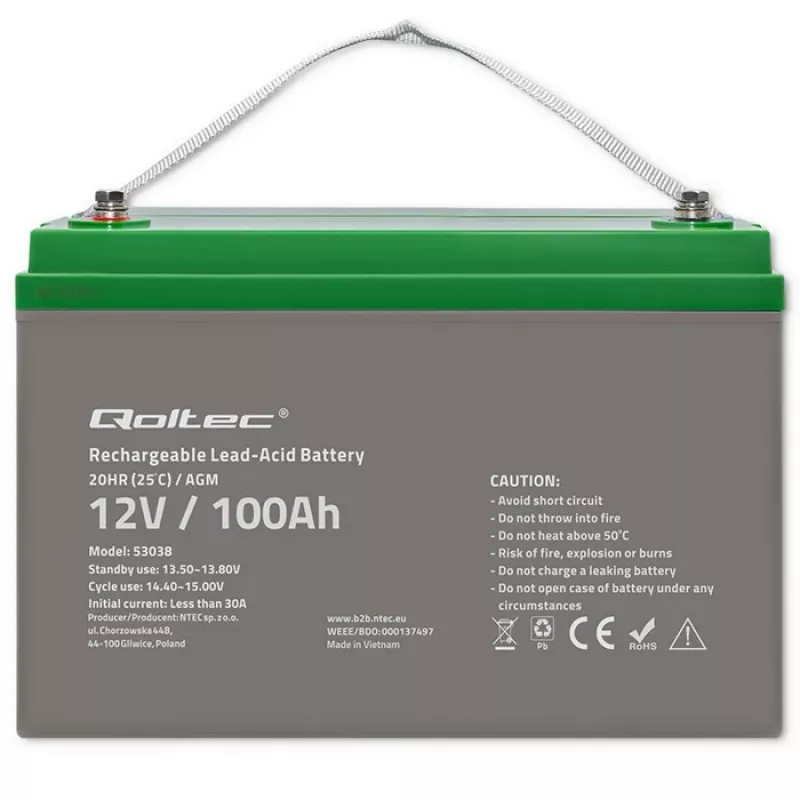 Qoltec 53038 Akumulator AGM | 12V | 100Ah | max 1200A