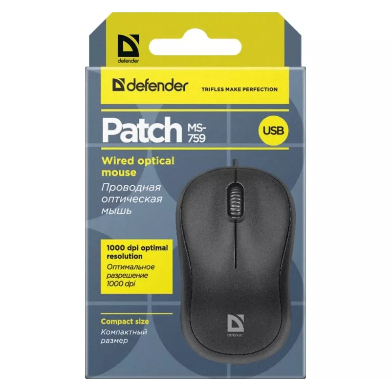 Mysz optyczna przewodowa DEFENDER PATCH MS-759 USB Type-A, oburęczna, 1000 DPI, czarna