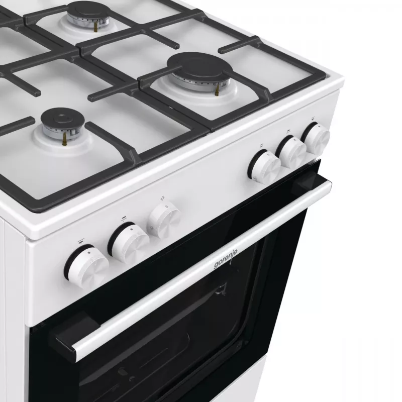 Wolnostojąca kuchenka gazowa Gorenje GG6A10WFFM, biała, płyta 4-palnikowa, piekarnik gazowy 72 L, przednie pokrętła sterujące