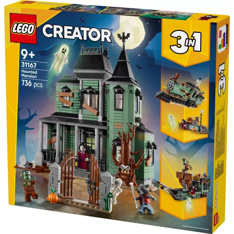 Zabawka konstrukcyjna LEGO Creator 3-w-1 Nawiedzony dom model 31167 — 736 elementów, 3 konstrukcje, 5 minifigurek