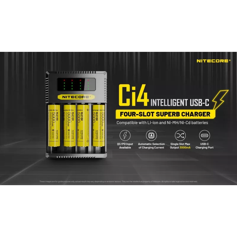 Ładowarka baterii Nitecore Ci4 — uniwersalna ładowarka USB do akumulatorów litowo-jonowych / NiCd / NiMH, wejście 5/9/12 V, 3 A, tworzywo sztuczne, 0,1914 kg