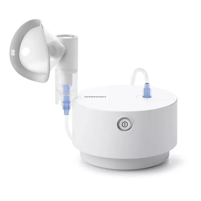 Nebulizator stołowy Omron C28P o wydajności 10 ml/min, wielkości cząstek 2,65 µm, biały, wymiary 265×195×143 mm