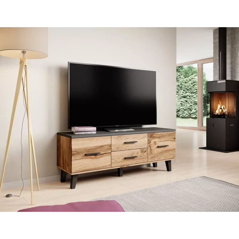 Szafka TV Cama Meble LOTTA 140 cm — rama wotan dąb, czarny blat z płyty wiórowej, 1400×400×530 mm