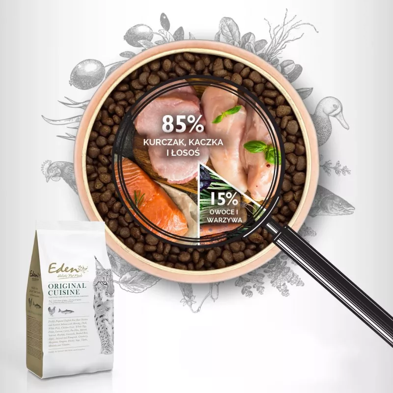 Sucha karma dla kota Eden Oryginalny Cousine 10 kg — kompletna karma dla dorosłych, 43% białka, 23% tłuszczu, bez zbóż i glutenu