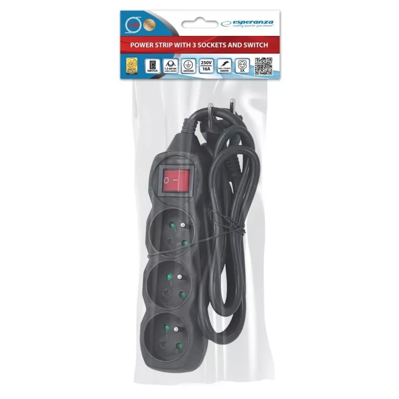 Przedłużacz ESPERANZA ELK210K — kabel 1,5 m, 3 gniazda AC typu E, wtyczka kątowa, do użytku wewnątrz pomieszczeń, czarny