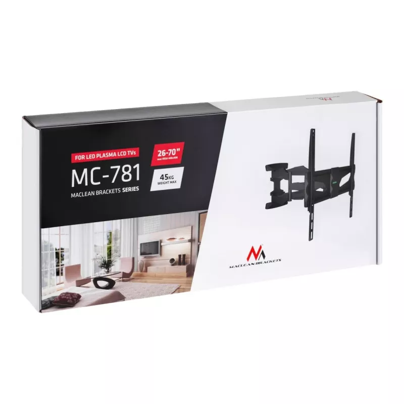 Uchwyt ścienny do telewizora MACLEAN MC-781 dla ekranów 66–177,8 cm (26–70 cali), odchylenie -12–2°, VESA 100x100–400x400, maks. obciążenie 45 kg, czarny