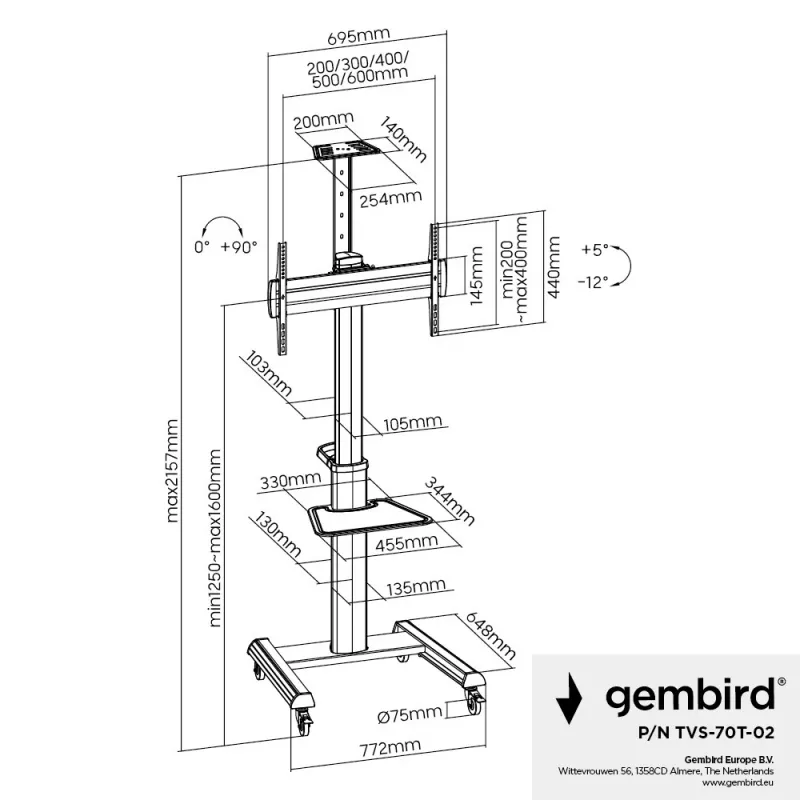 Wolnostojący stojak pod telewizor Gembird TVS-70T-02 do ekranów 37–70 cali, maks. 70 kg, VESA 200x200–600x400, regulacja pochylenia ±5°/−12°, regulowana wysokość, kółka jezdne, zarządzanie kablami