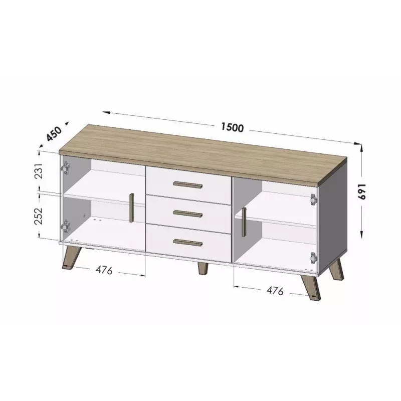 Cama sideboard LOTTA 150 2D3S wotan oak + mat Czarny