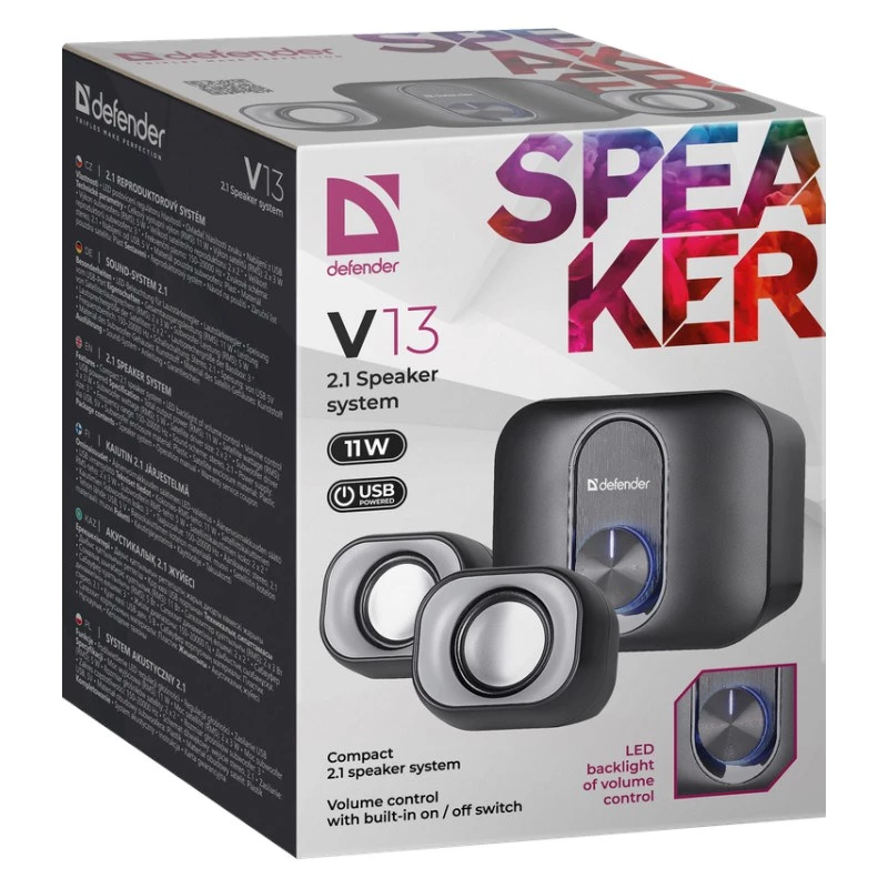 Głośniki komputerowe 2.1 DEFENDER V13 — 11W RMS (6W satelity, 5W subwoofer), zasilanie USB, wejście 3,5 mm, czarne