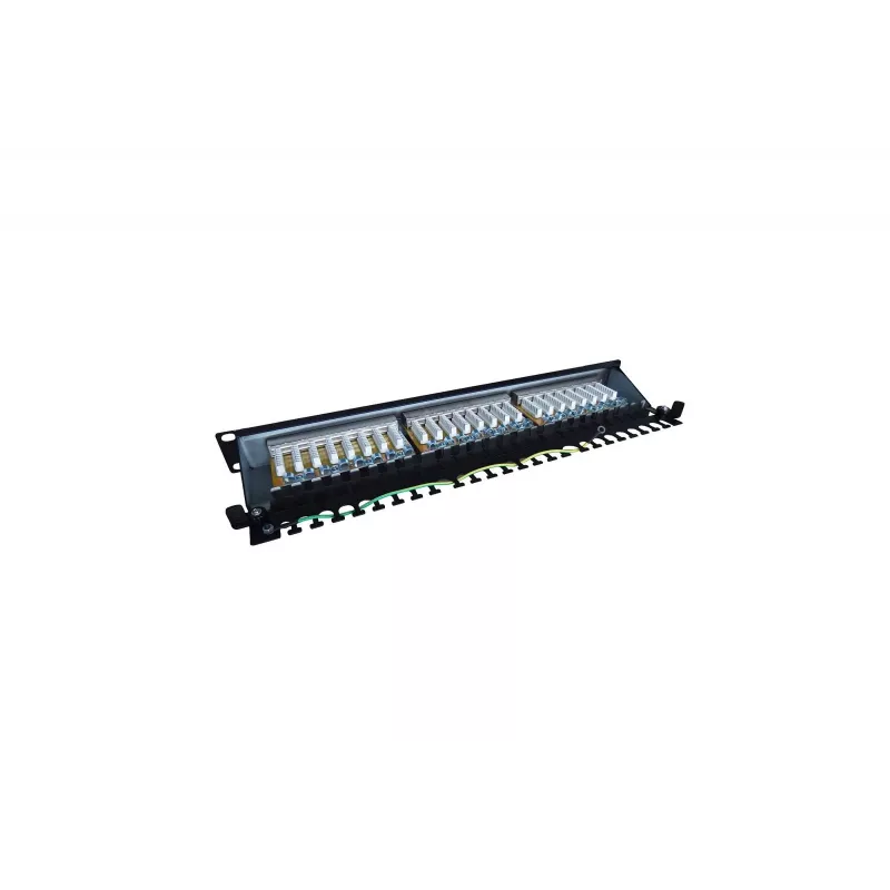 Panel krosowy 19 inch 24 porty, CAT6, S/FTP, 1U, z prowadzeniem kabli, czarny (kompletny)