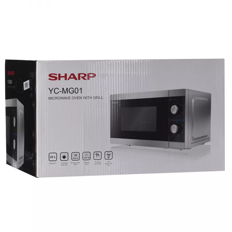 Mikrofalówka kombinowana Sharp YC-MG01E-S — 20 l, 800 W mikrofale, 1000 W grill, 5 poziomów mocy, pokrętło, talerz obrotowy 25,5 cm
