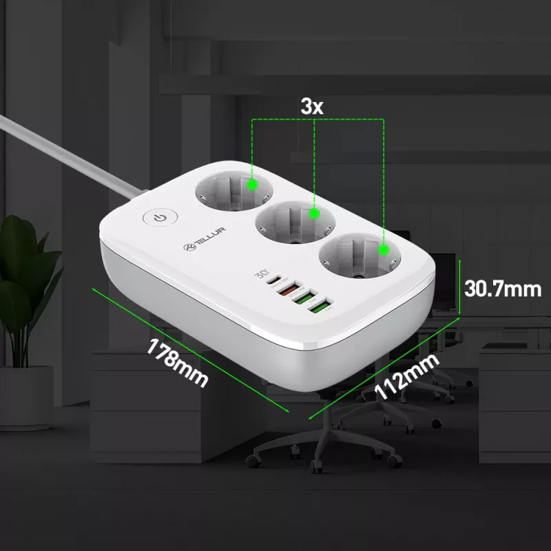 Listwa zasilająca Tellur TLL331521 Smart WiFi z 3 gniazdami, PD 30W, QC 18W