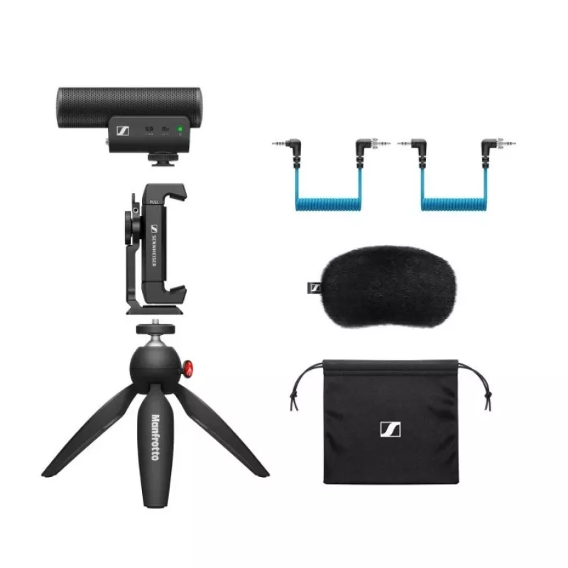 Sennheiser MKE 400 Mobile Kit - pojemnościowy, superkardioidalny mikrofon z filtrem dolnoprzepustowym i statywem Manfrotto