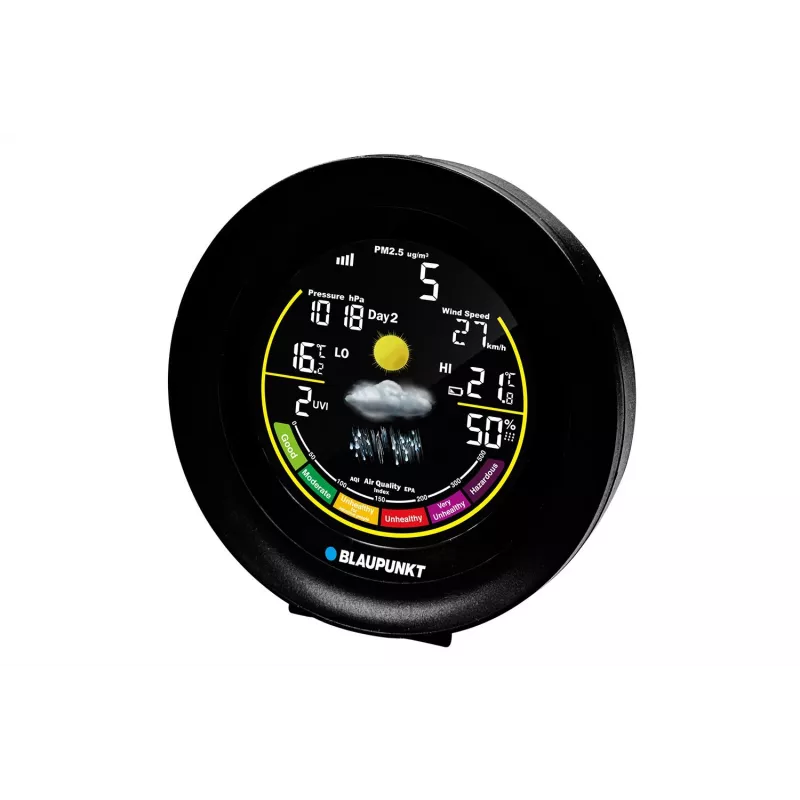 Stacja pogodowa BLAUPUNKT WS35BK APP — wyświetlacz LCD, temperatura i wilgotność, alarm, kalendarz, łączność z aplikacją, 94×94×27 mm