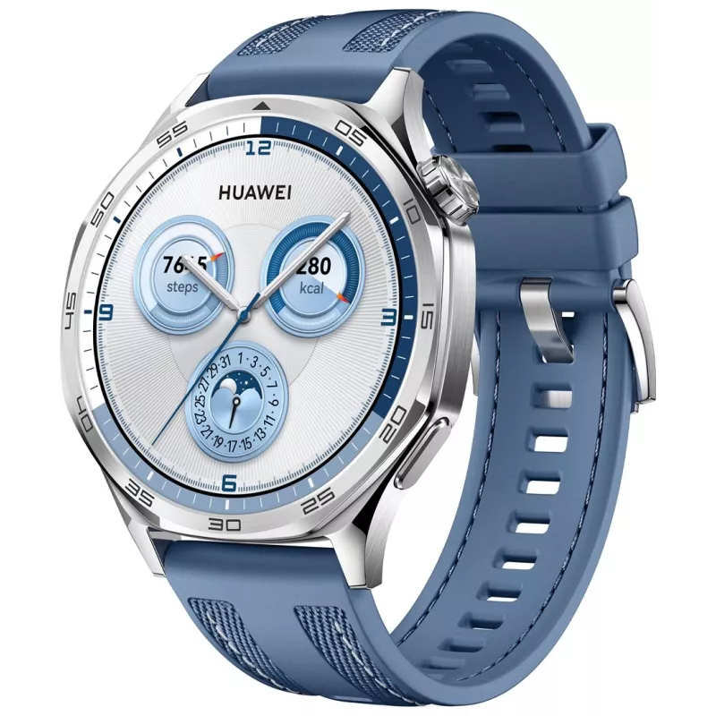 Smartwatch HUAWEI WATCH GT5 46mm — 1,43 cala AMOLED, GPS, 524 mAh, koperta ze stali nierdzewnej, niebieski pleciony pasek